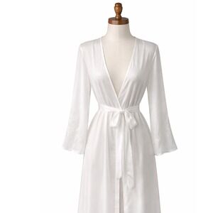 La Vie en Rose White Satin Maxi Robe Embroidered Mesh Cuffs Bridal S/M